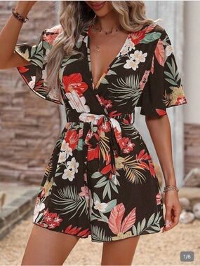 Tropical Floral Wrap Romper - Dark Brown Base